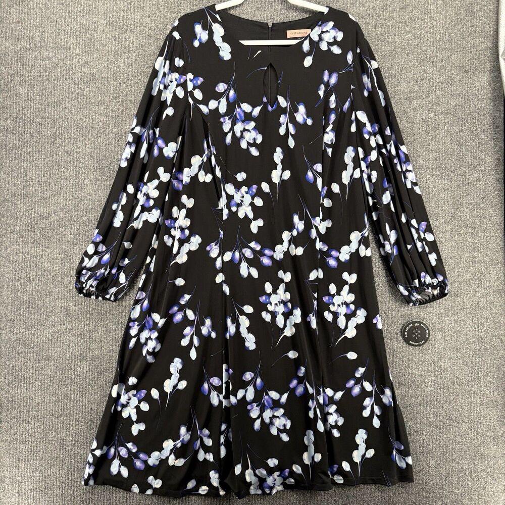 East‎ Adeline Dress Womens 3X Black Floral Round Neck Midi Modest Boho Casual